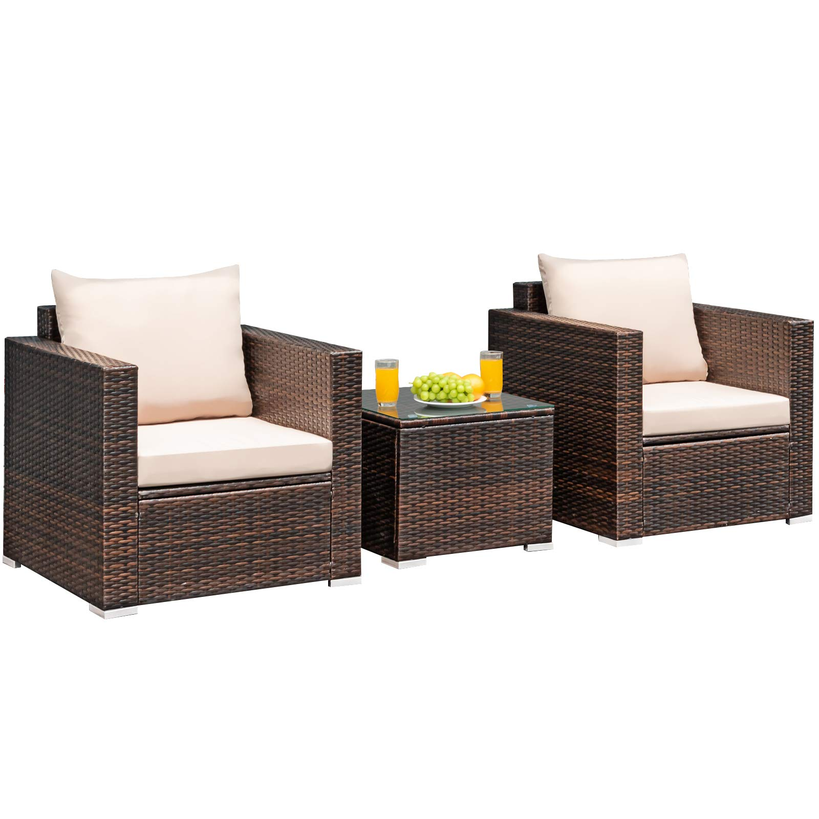 Tangkula 3 Pieces Patio Furniture Set, Outdoor Conversation Rattan Furniture Set